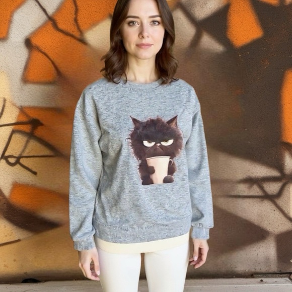 Gray Cat Sweatshirt with Coffee Print - Picture 1 of 10